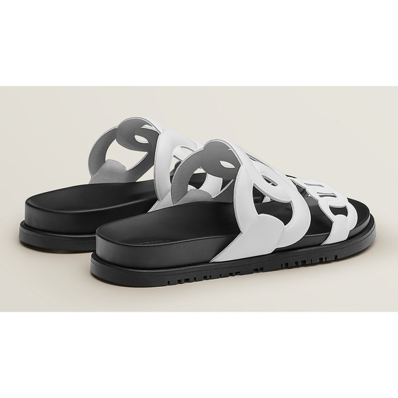 Hermes Extra Sandals White Black Chaine d'Ancre Leather Logo Slide Mule Flat 37 - Picture 10 of 12